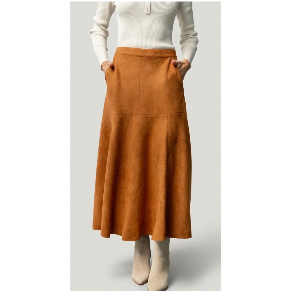 Baltic Born Tona Faux Suede Skirt Cognac Flared Midi Pockets Brown Size Large